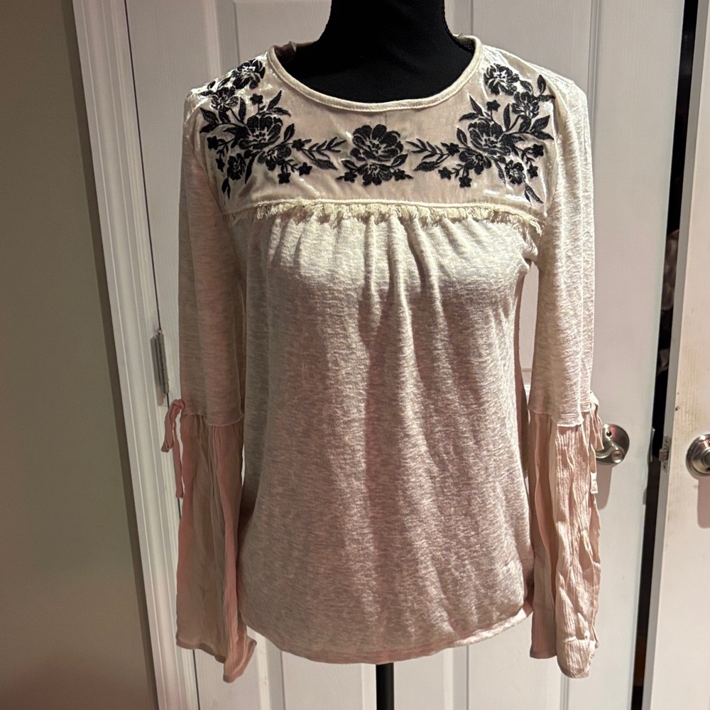 Altar'd State Cream Blouse with Black Floral Embroidery
